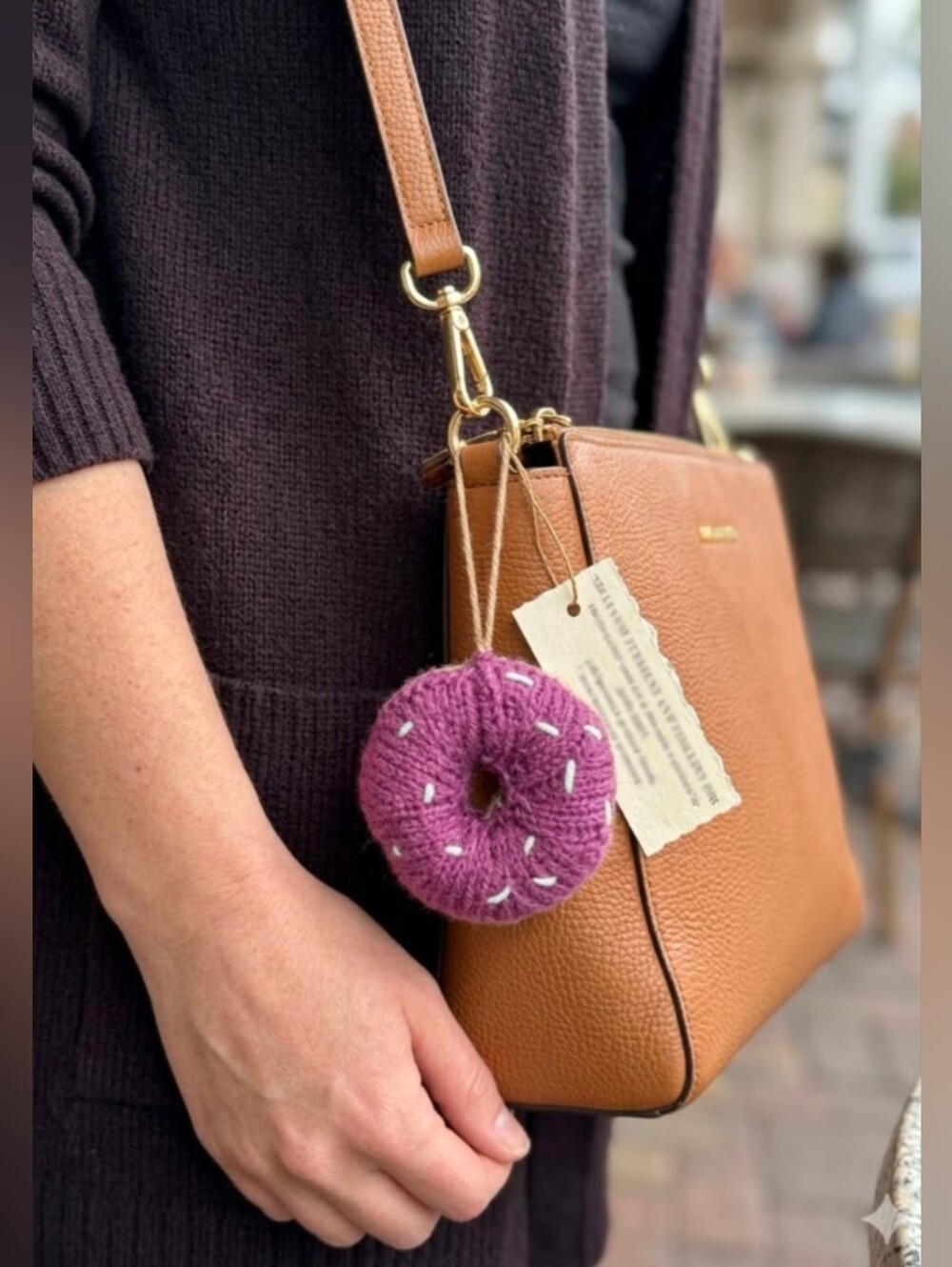 Handmade Small Knit Donut Bag Charm Tan Purple Icing Mint Sprinkles